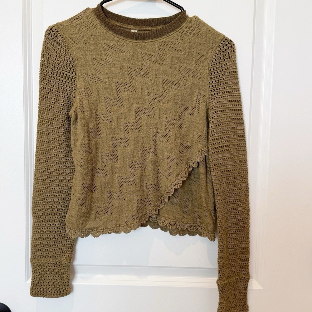Free People Open Knit Lace Trim Long Sleeve Top XS Indie Grunge Earthy Green